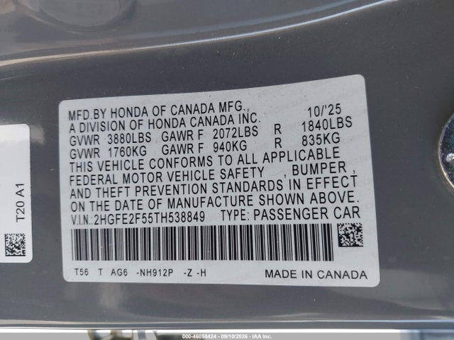 Honda Civic Sport 2026 2HGFE2F55TH538849 Image 9