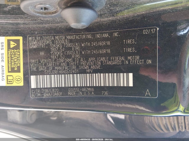 46058435 :رقم المزاد ، 5TDJZRFH6HS512401 vin ، 2017 Toyota Highlander Xle مزاد بيع