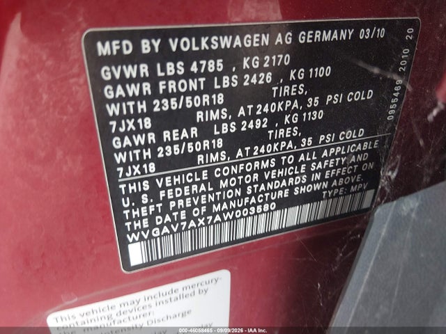 46058465 :رقم المزاد ، WVGAV7AX7AW003580 vin ، 2010 Volkswagen Tiguan Wolfsburg Edition مزاد بيع