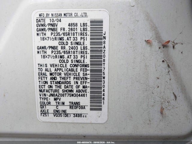 46058476 :رقم المزاد ، JN8AZ08T75W304461 vin ، 2005 Nissan Murano S مزاد بيع