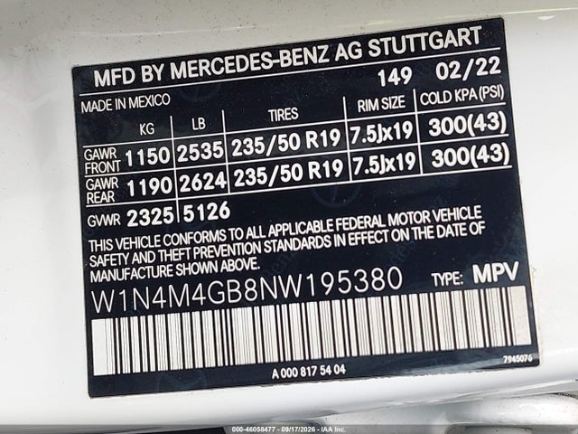 W1N4M4GB8NW195380 Mercedes-Benz GLB 250