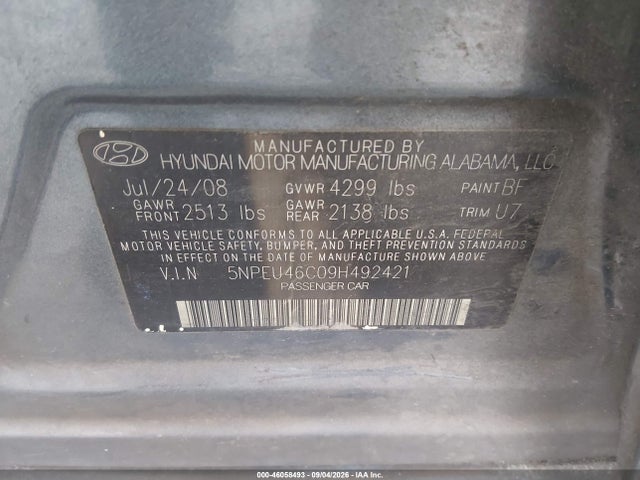 2009 Hyundai Sonata Limited მანქანა იყიდება აუქციონზე, vin: 5NPEU46C09H492421, აუქციონის ნომერი: 46058493