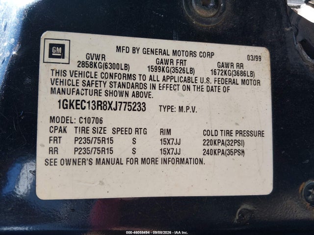 Aukcja sprzedaży 1999 Gmc Yukon Slt, vin: 1GKEC13R8XJ775233, numer aukcji: 46058494