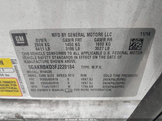 Auction sale of the 2015 Buick Enclave Leather, vin: 5GAKRBKD3FJ228184, lot number: 46058496
