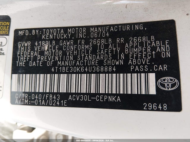 46058500 :رقم المزاد ، 4T1BE30K64U368884 vin ، 2004 Toyota Camry Le مزاد بيع