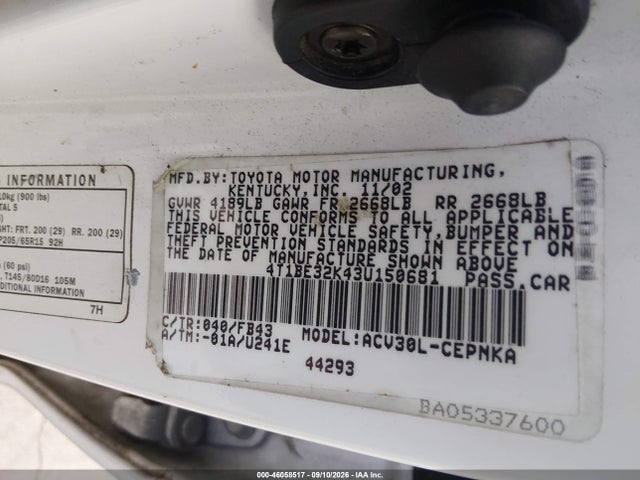 46058517 :رقم المزاد ، 4T1BE32K43U150681 vin ، 2003 Toyota Camry Le مزاد بيع
