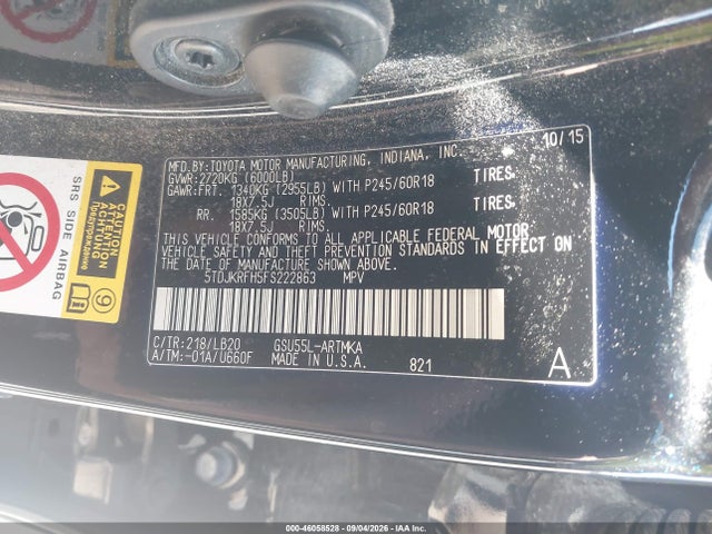 Aukcja sprzedaży 2015 Toyota Highlander Xle V6, vin: 5TDJKRFH5FS222863, numer aukcji: 46058528
