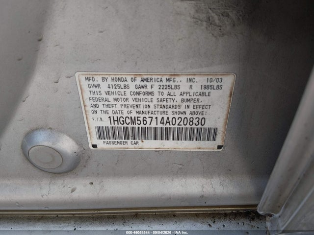 46058544 :رقم المزاد ، 1HGCM56714A020830 vin ، 2004 Honda Accord 2.4 Ex مزاد بيع