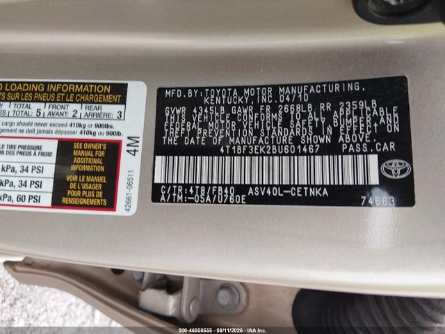 Продажа на аукционе авто 2011 Toyota Camry Le, vin: 4T1BF3EK2BU601467, номер лота: 46058555