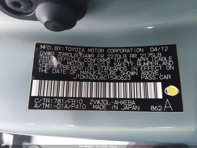 46058561 :رقم المزاد ، JPDKN3DU6C1540623 vin ، 2012 Toyota Prius مزاد بيع