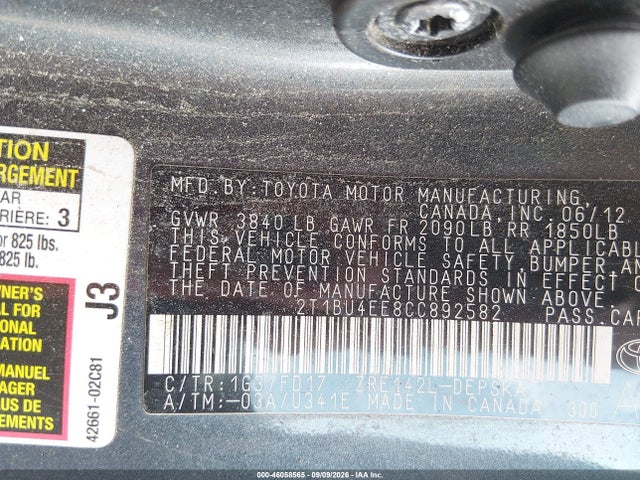 Aukcja sprzedaży 2012 Toyota Corolla S, vin: 2T1BU4EE8CC892582, numer aukcji: 46058565