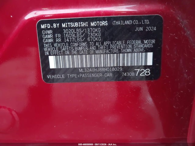 46058569 :رقم المزاد ، ML32AUHJ8RH018029 vin ، 2024 Mitsubishi Mirage Es/le مزاد بيع