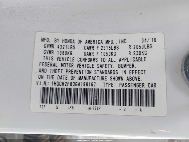 46058570 :رقم المزاد ، 1HGCR2F63GA198167 vin ، 2016 Honda Accord Sport مزاد بيع