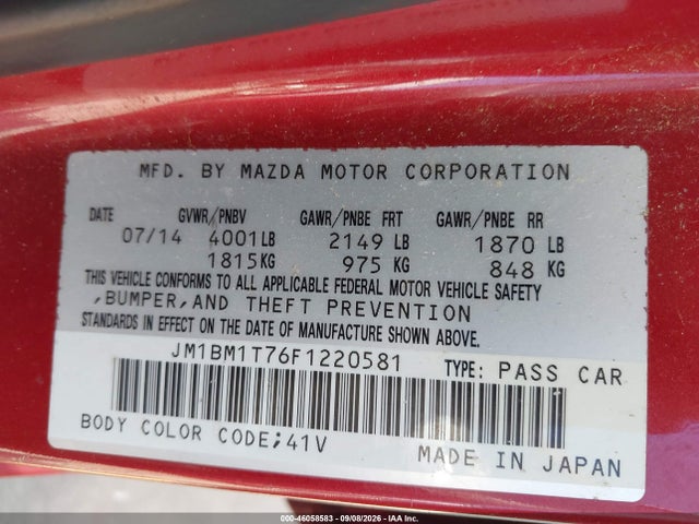 46058583 :رقم المزاد ، JM1BM1T76F1220581 vin ، 2015 Mazda Mazda3 I Sv مزاد بيع