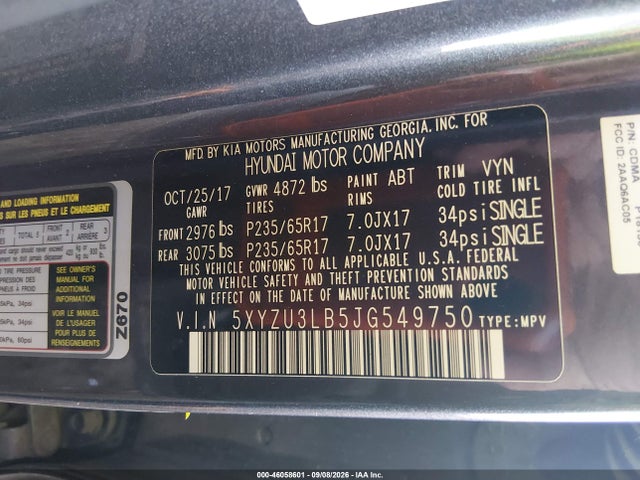 46058601 :رقم المزاد ، 5XYZU3LB5JG549750 vin ، 2018 Hyundai Santa Fe Sport 2.4l مزاد بيع