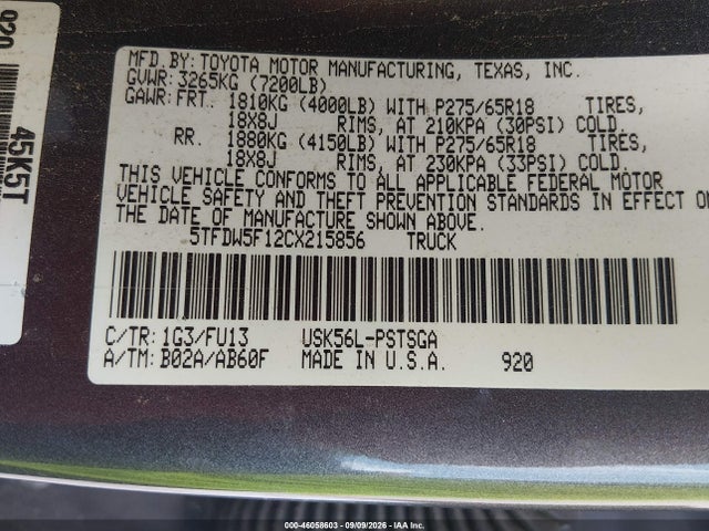 Продажа на аукционе авто 2012 Toyota Tundra Grade 5.7l V8, vin: 5TFDW5F12CX215856, номер лота: 46058603