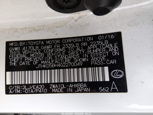 2016 Lexus Ct 200h მანქანა იყიდება აუქციონზე, vin: JTHKD5BH4G2270049, აუქციონის ნომერი: 46058622
