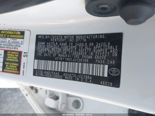 4T1B11HK5JU139189 Toyota CAMRY LE