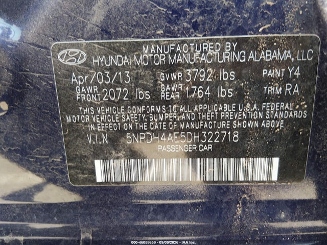 Aukcja sprzedaży 2013 Hyundai Elantra Gls, vin: 5NPDH4AE5DH322718, numer aukcji: 46058659