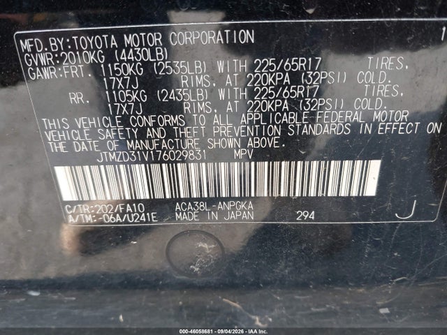 46058681 :رقم المزاد ، JTMZD31V176029831 vin ، 2007 Toyota Rav4 Limited مزاد بيع