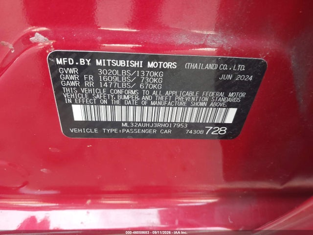 46058683 :رقم المزاد ، ML32AUHJ3RH017953 vin ، 2024 Mitsubishi Mirage Es/le مزاد بيع