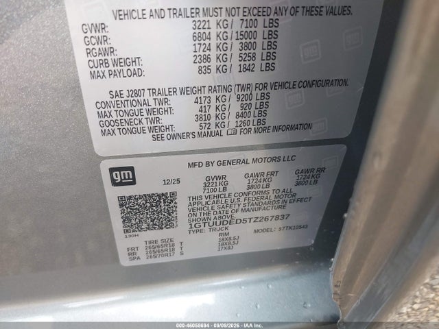 46058694 :رقم المزاد ، 1GTUUDED5TZ267837 vin ، 2026 Gmc Sierra 1500 , Short Bed, Slt, 4wd مزاد بيع