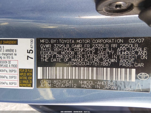 46058695 :رقم المزاد ، JTDKB20U477617887 vin ، 2007 Toyota Prius مزاد بيع
