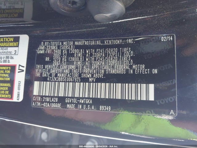 4T3ZK3BB5EU067925 Toyota Venza Xle V6
