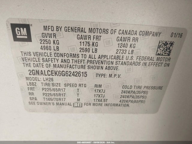 Продажа на аукционе авто 2016 Chevrolet Equinox Lt, vin: 2GNALCEK6G6242615, номер лота: 46058697