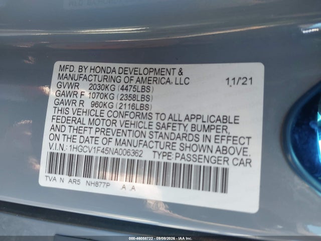 Продажа на аукционе авто 2022 Honda Accord Sport Special Edition, vin: 1HGCV1F45NA006362, номер лота: 46058722