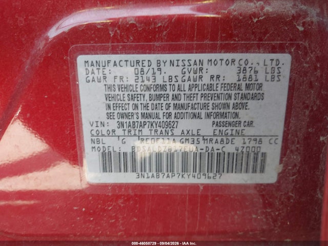 Продаж на аукціоні авто 2019 Nissan Sentra Sv, vin: 3N1AB7AP7KY409627, номер лоту: 46058729