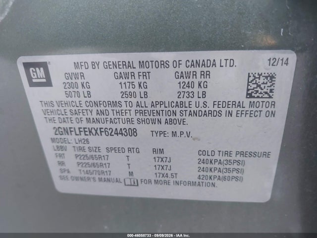 Aukcja sprzedaży 2015 Chevrolet Equinox 1lt, vin: 2GNFLFEKXF6244308, numer aukcji: 46058733