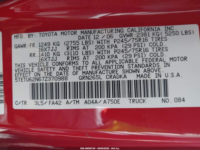 46058740 :رقم المزاد ، 5TETU62N67Z370988 vin ، 2007 Toyota Tacoma Prerunner V6 مزاد بيع
