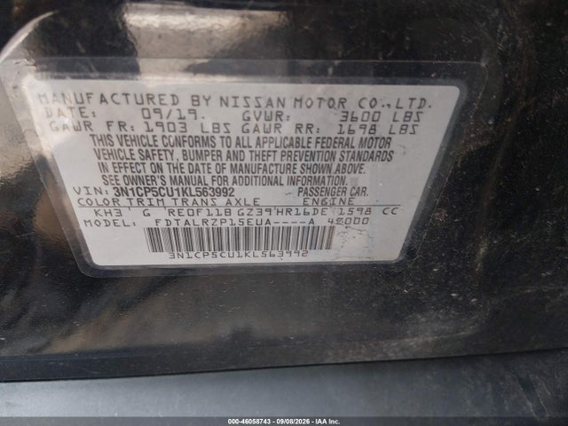 46058743 :رقم المزاد ، 3N1CP5CU1KL563992 vin ، 2019 Nissan Kicks S مزاد بيع