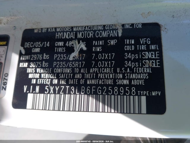 Aukcja sprzedaży 2015 Hyundai Santa Fe Sport 2.4l, vin: 5XYZT3LB6FG258958, numer aukcji: 46058745