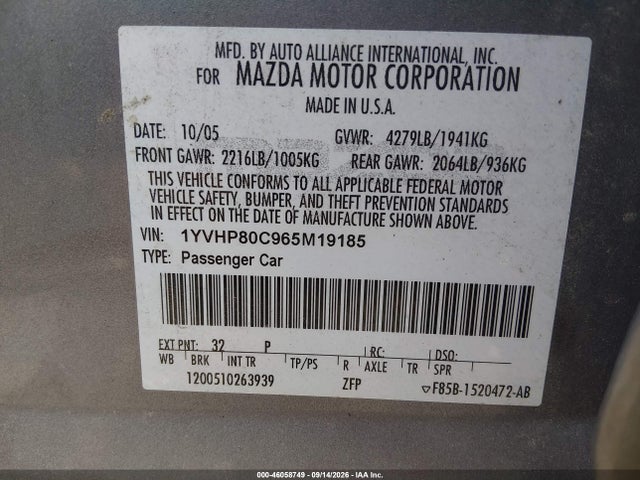 Продажа на аукционе авто 2006 Mazda Mazda6 I Sport, vin: 1YVHP80C965M19185, номер лота: 46058749