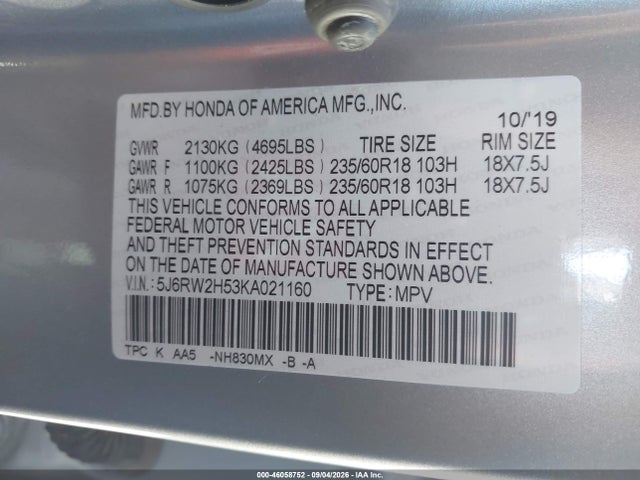 Honda CR-V EX 2019 5J6RW2H53KA021160 Image 9
