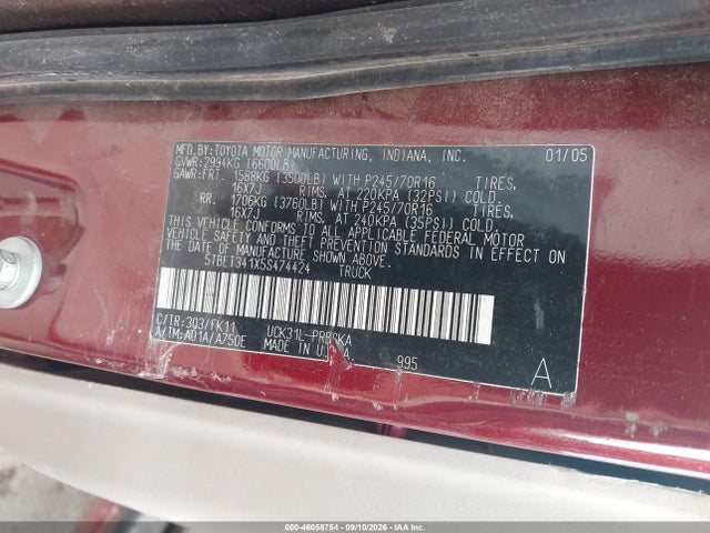 46058754 :رقم المزاد ، 5TBET341X5S474424 vin ، 2005 Toyota Tundra Sr5 V8 مزاد بيع