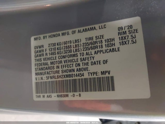 46058759 :رقم المزاد ، 5FNRL6H2XMB014454 vin ، 2021 Honda Odyssey Lx مزاد بيع