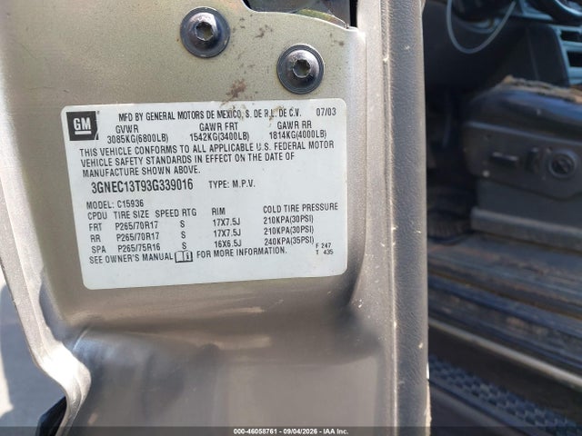 Продажа на аукционе авто 2003 Chevrolet Avalanche 1500, vin: 3GNEC13T93G339016, номер лота: 46058761