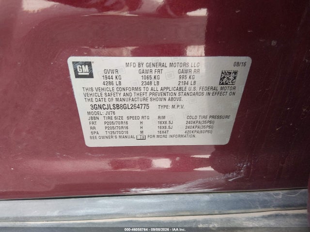 Продаж на аукціоні авто 2016 Chevrolet Trax Lt, vin: 3GNCJLSB8GL264775, номер лоту: 46058764