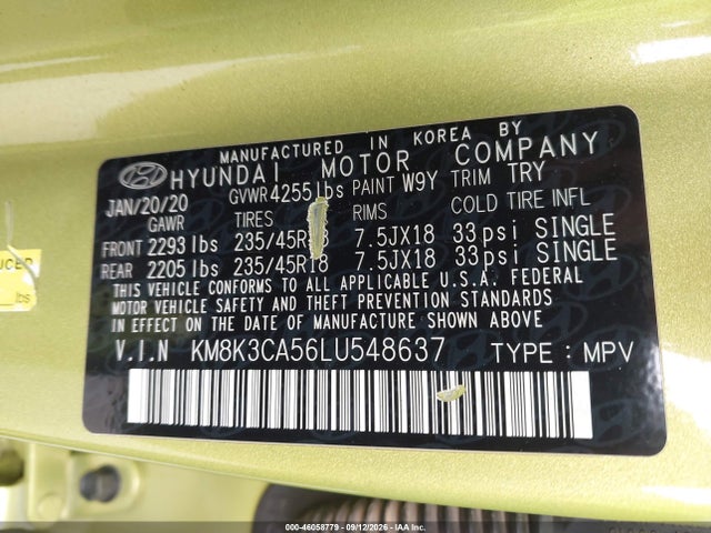 Продаж на аукціоні авто 2020 Hyundai Kona Limited, vin: KM8K3CA56LU548637, номер лоту: 46058779