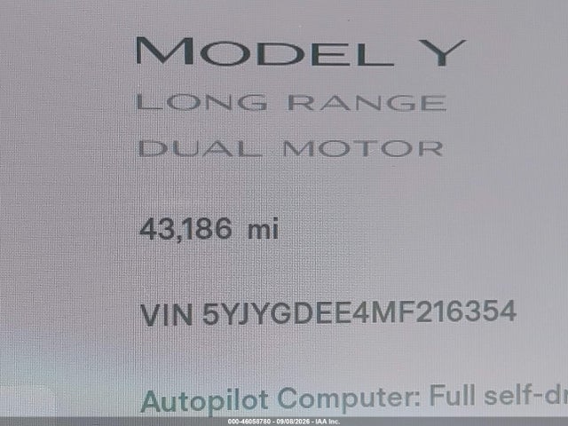 46058780 :رقم المزاد ، 5YJYGDEE4MF216354 vin ، 2021 Tesla Model Y Long Range Dual Motor All-wheel Drive مزاد بيع
