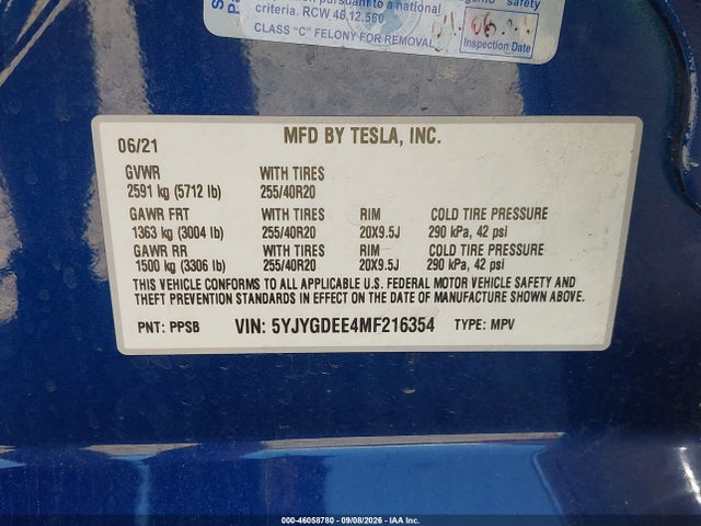 46058780 :رقم المزاد ، 5YJYGDEE4MF216354 vin ، 2021 Tesla Model Y Long Range Dual Motor All-wheel Drive مزاد بيع