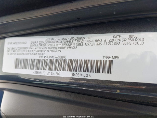 Aukcja sprzedaży 2009 Subaru Outback 2.5i, vin: 4S4BP61C597324805, numer aukcji: 46058781
