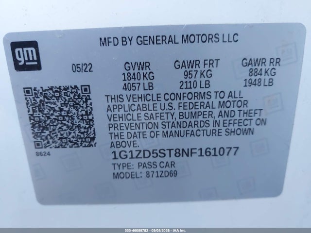 1G1ZD5ST8NF161077 Chevrolet Malibu Fwd Lt