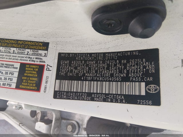 46058783 :رقم المزاد ، 4T1BF1FK8CU540565 vin ، 2012 Toyota Camry Se مزاد بيع