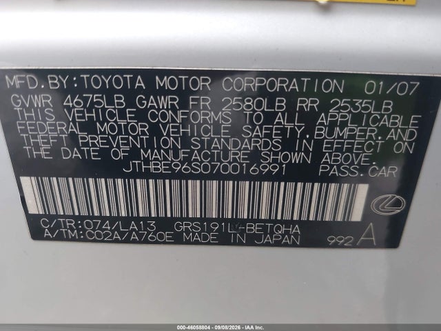 46058804 :رقم المزاد ، JTHBE96S070016991 vin ، 2007 Lexus Gs 350 مزاد بيع