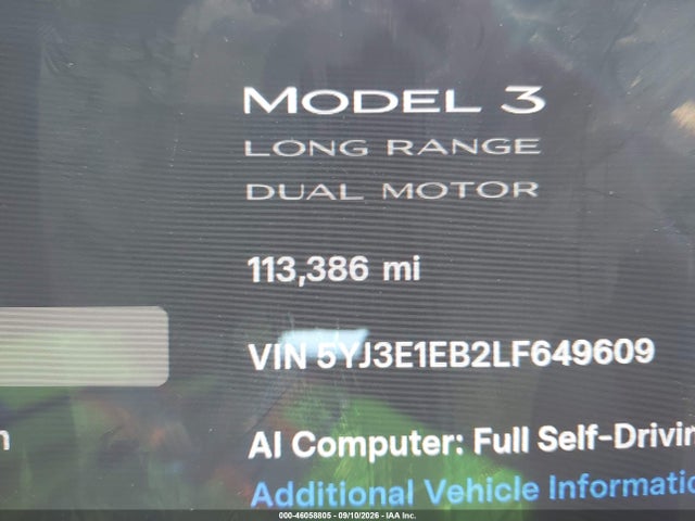 Продажа на аукционе авто 2020 Tesla Model 3 Long Range Dual Motor All-wheel Drive, vin: 5YJ3E1EB2LF649609, номер лота: 46058805