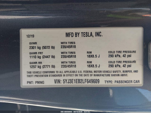 Продажа на аукционе авто 2020 Tesla Model 3 Long Range Dual Motor All-wheel Drive, vin: 5YJ3E1EB2LF649609, номер лота: 46058805